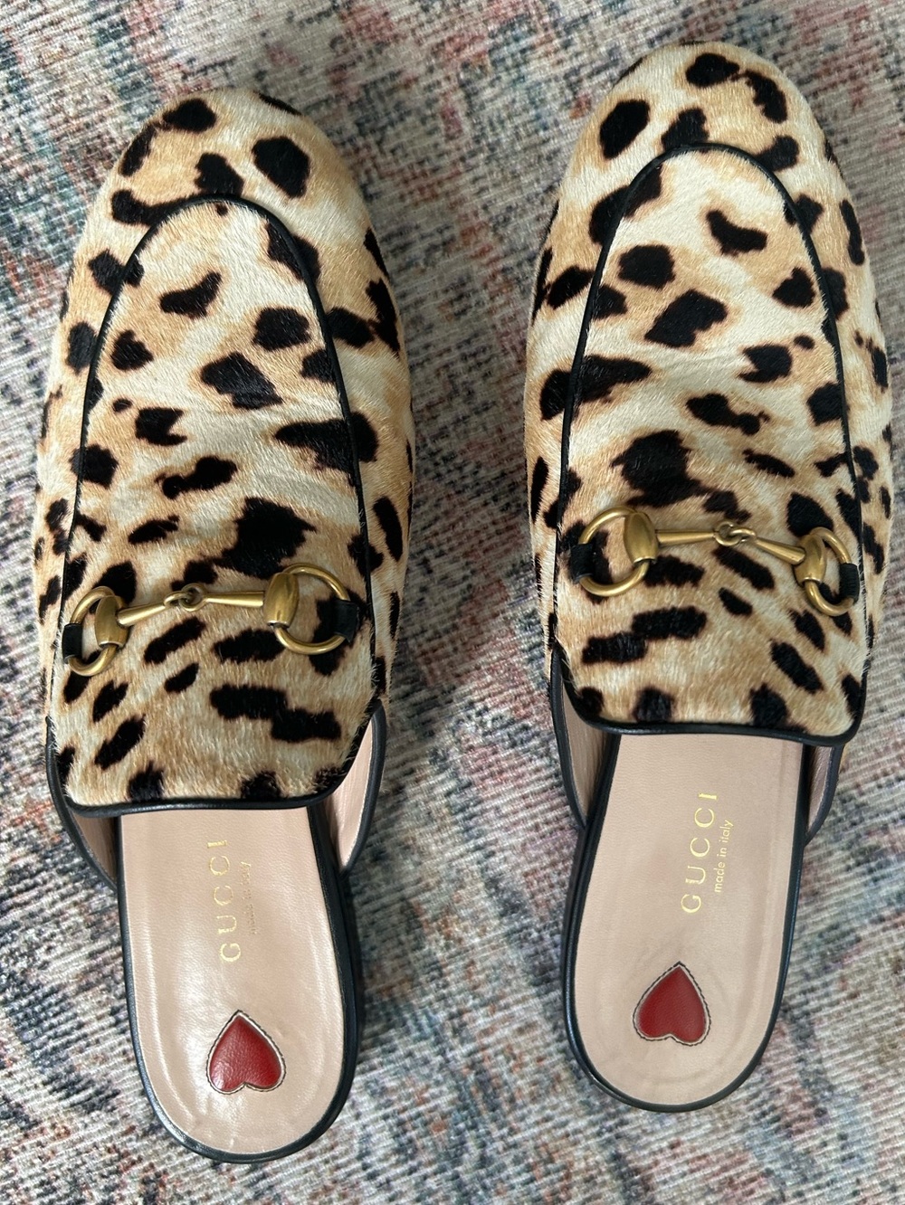 Gucci Leopard Print Horsebit Mules in Beige + Black (size 38.5)